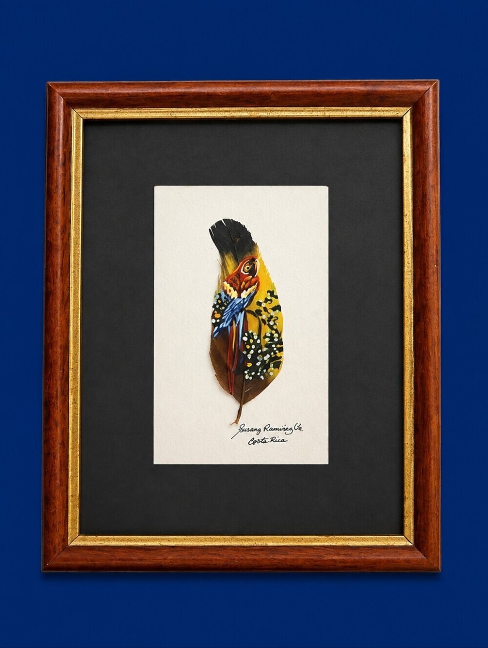Vtg ARTISAN Signed Costa Rica Framed Feather Art with Parrot Design